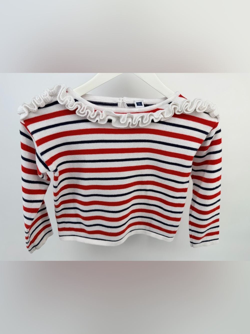Janie and Jack White Knit Sweater with Red and Navy Stripes and Ruffle Neck